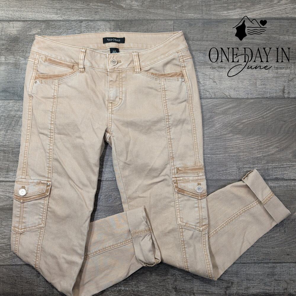 White House Black Market Slim Ankle Jeans Beige Tan Utility Cargo Skinny Size 2